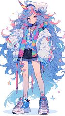 Wall Mural - anime vtuber girl design with thick and big hair full of color with simple background