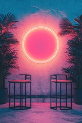 Wall Mural - Neon Circle Light  Pink   Blue  Palm Trees  Concrete Wall  Modern Chairs  Interior Design