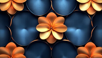 Wall Mural - Abstract Golden Flowers with Blue Circular Background