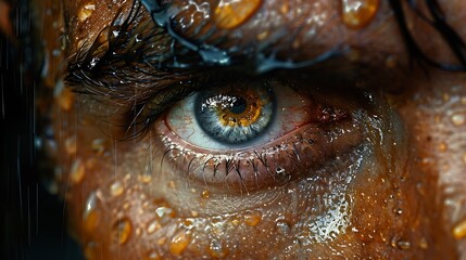 Close-up of a man's eye with water droplets on his face.