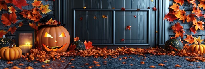 Wall Mural - Halloween-Inspired Home Entrance Featuring Pumpkin Lanterns and Autumn Leaf Arrangement in Orange and Black for Festive Celebrations