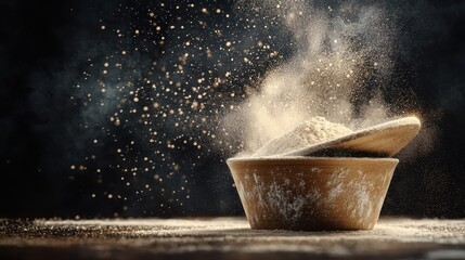 Flour Explosion in Wooden Bowl on Dark Background