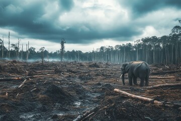 Poster - A solitary elephant navigates a barren landscape marked by deforestation, emblematic of species loss and environmental crisis. Generative AI