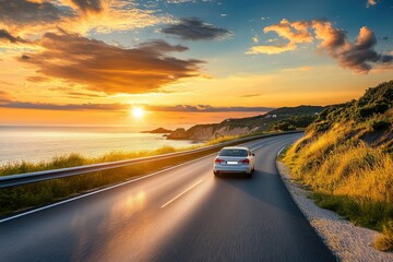 Wall Mural - car driving on beautiful road in colorful sunset landscape in summer. Nature scenery on coastline highway. Europe travel trip in sea coast road landscape. summer vacation journey on road , ai