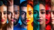 © Анатолий Сав - Faces of diverse individuals are separated by a line, showcasing vivid colors that emphasize cultural differences and social barriers. Generative AI