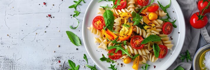 Poster - Warm pasta salad featuring grilled peppers, tomatoes, arugula, basil, and olive oil served on a white plate.