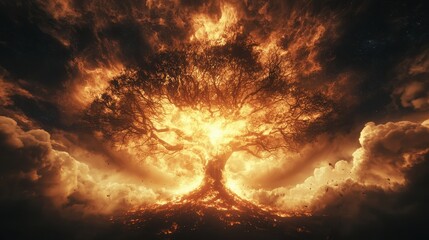 Poster - Burning Tree in Fiery Sky with Clouds   Fantasy  Apocalypse  Nature  Power