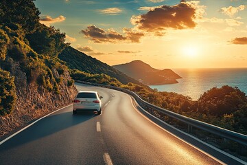 Wall Mural - car driving on beautiful road in colorful sunset landscape in summer. Nature scenery on coastline highway. Europe travel trip in sea coast road landscape. summer vacation journey on road , ai