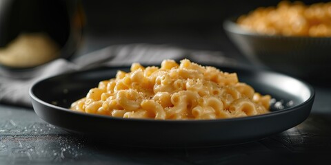 Canvas Print - Delicious Macaroni and Cheese Presented on an Elegant Dark Porcelain Dish