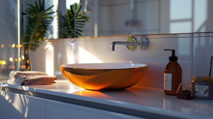 Modern Bathroom Interior with Stylish Orange Sink and Sunlight Reflections