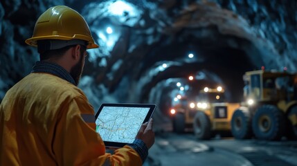 Underground mine engineer reviewing tunnel maps on a tablet, with heavy machinery in the distance