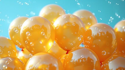 Golden balloons floating against a blue background with water droplets.