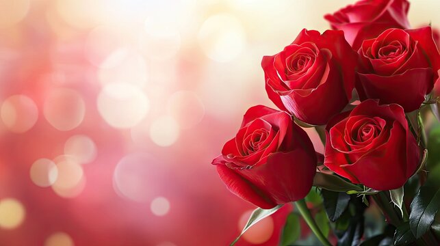 A bouquet of detailed red roses with a blurred background, leaving space on the right for text, suitable for romantic occasions.