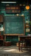 © peacehunter - Vintage Classroom with Chalkboard, Wooden Desk, and Bookshelves in a Nostalgic Educational Setting