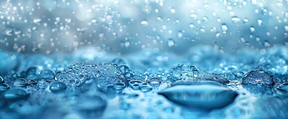 Canvas Print - Closeup of water droplets on a blue surface with raindrops falling in the background.