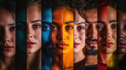 Poster - A collection of faces separated by a barrier, showcasing diversity and the contrasts of individual identities and experiences. Generative AI