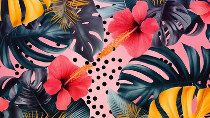 Sticker - Seamless tropical pattern background with flowers and palm leaves 