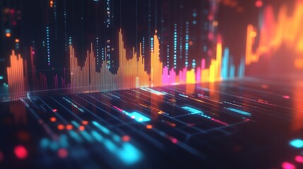 Canvas Print - Abstract Digital Data Visualization with Colorful Glowing Lines and Bars