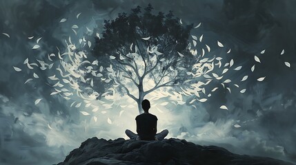 Canvas Print - A serene figure meditating beneath a glowing tree, surrounded by swirling leaves, symbolizing peace and reflection.