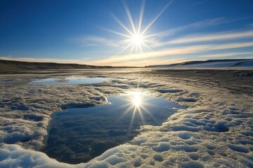 Aufkleber - Arctic glaciers are melting, showcasing climate change effects, with a blazing sun illuminating the stark desert landscape. Generative AI