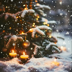three candles are burning in the snow under a christmas tree covered with snow while it's snowing