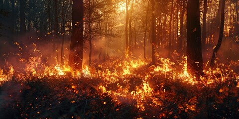 Canvas Print - Forest ablaze with flames engulfing brush and trees