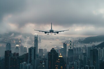 Canvas Print - City Skyline Aerial with Commercial Plane