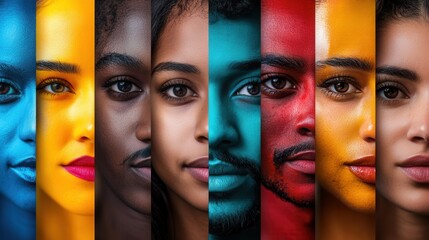 Aufkleber - Brightly colored faces are separated by a barrier, illustrating themes of diversity, division, and cultural bias among individuals. Generative AI