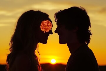 Poster - Romantic Couple with Glowing Brain Patterns at Sunset Symbolizing Cognitive Connection Emotional Bonding and the Power of Thought in a Warm Scenic Setting