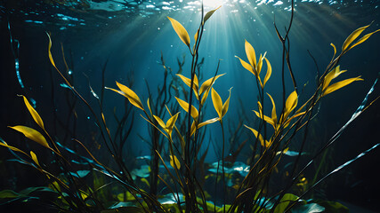 Wall Mural -  Underwater atmosphere, aquatic plants (blue and yellow), glass color, thin and clear branches and leaves, reflecting the golden light that shines down, sparkling, background black color