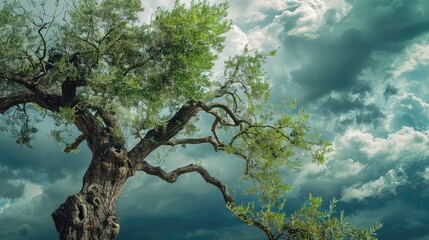 Wall Mural - An old, gnarled tree with green leaves reaches towards a stormy sky filled with dramatic clouds.