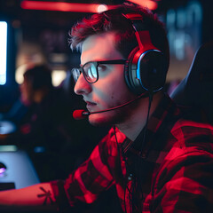 Focused gamer wearing headset communicating in multiplayer online video game tournament