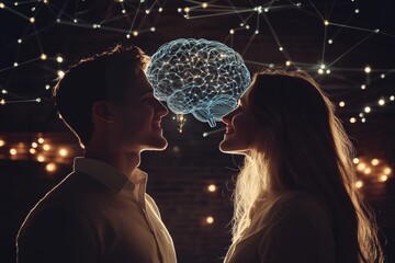 Sticker - Couple with Neural Brain Patterns Facing Each Other Symbolizing Cognitive Connection Emotional Bonding and the Interplay of Thought in a Technological Setting