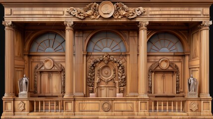 Wall Mural - Ornate Wooden Judge's Bench with Classical Columns and Sculptures in a Courtroom Setting