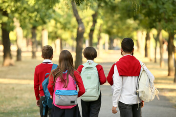 Wall Mural - Group of pupils going to school outdoors, back view