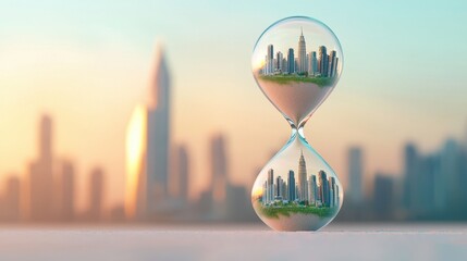 Hourglass containing a futuristic cityscape with skyscrapers against a blurred urban skyline representing urbanization and time flow