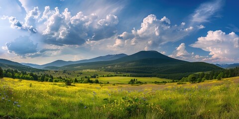 Canvas Print - Panoramic View of Mountain Valley Blooming Meadow and Thundering Sky in Summer Travel