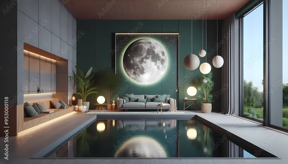 Modern swimming pool, green wall, large lamp hanging from the ceiling ...