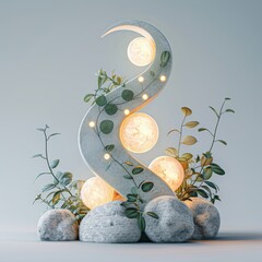 Wall Mural - Modern Abstract Sculpture with Glowing Spheres and Greenery on Smooth Stones in Minimalist Setting