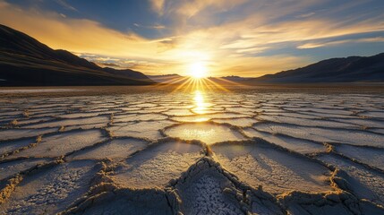 Aufkleber - A stunning sunset illuminates cracked earth in an arid landscape, highlighting the effects of climate change on our planet's ecosystems. Generative AI