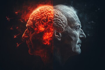 Canvas Print - Aging brain with glowing red neurons representing the complex nature of memory and cognitive decline over time in a dark conceptual setting