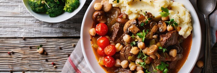 Canvas Print - Chopped Beef Steak Mushroom Stew with Mashed Potatoes Chickpeas Tomatoes and Broccoli Salad in White Bowl on Table