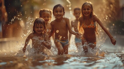 Joyful Children Playing in Water During Family Vacation - Happiness and Fun in the Sun