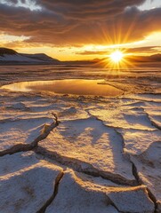 Aufkleber - Arid land reflects the impact of climate change as glaciers melt, with a blazing sun setting over the cracked terrain. Generative AI