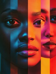 Poster - Brightly colored faces are separated by a division, symbolizing the societal barriers and biases that emphasize diversity and differences. Generative AI