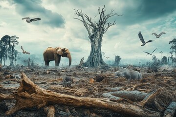Poster - Forest destruction reveals rare animals struggling amidst a barren landscape, highlighting the urgent threat of species extinction. Generative AI
