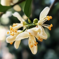 Canvas Print - Close-up of delicate white flowers with yellow stamens, blooming on a green stem.