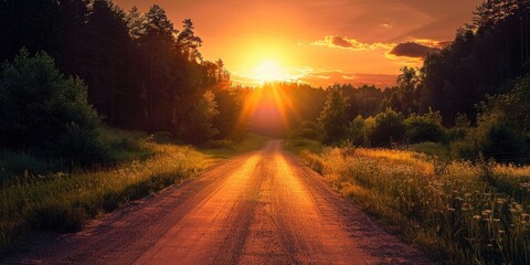 Wall Mural - Sunset Sunlight above Country Road and Forest with Big Sun in Shadow Silhouette Landscape