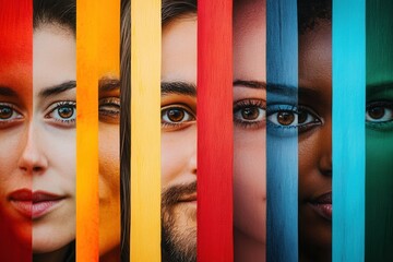 Aufkleber - Faces of diverse individuals are separated by vibrant colors, emphasizing the contrasts of diversity and the impact of bias. Generative AI