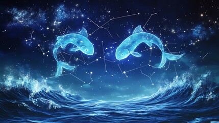 pisces constellation with soft ocean waves, fish shape in the night sky, serene and peaceful scene